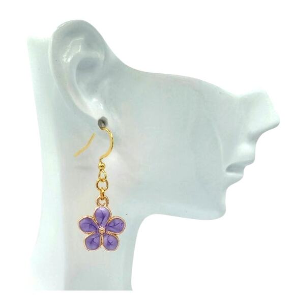 Purple Flower Earrings Gold Floral Jewelry Gift for Her - Picture 2 of 3